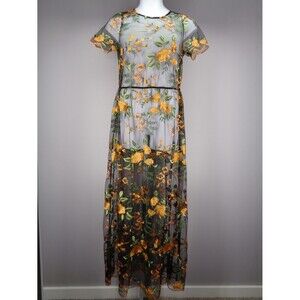 LuLaRoe Deanne II Black Floral Embroidered Sheer Mesh Overlay Maxi Dress Medium